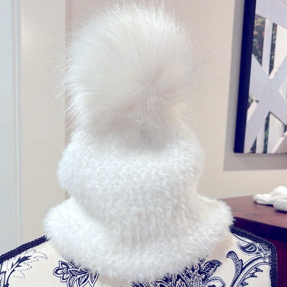 Fluffy White Pom-Pom Beanie winter hat